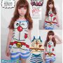 STDR68 - Setelan Tanktop Doraemon Face Stripe Blue